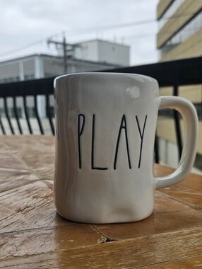 🌺 RAE DUNN "Play" White Ceramic Mug